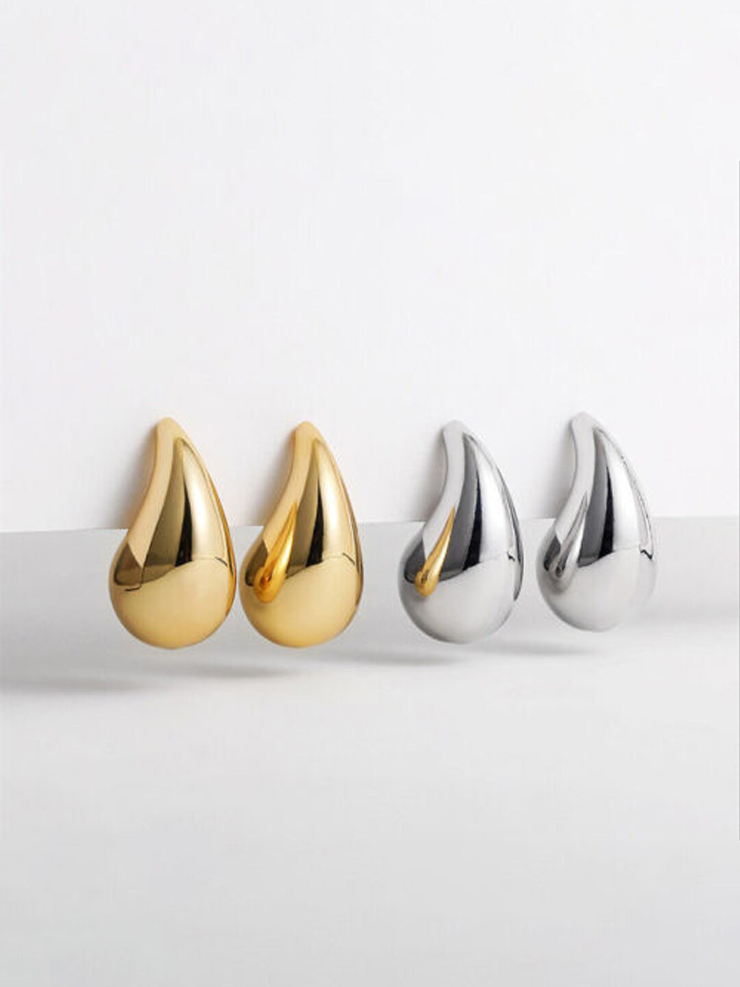 FIMBUL Set Of 2 Silver-Plated Gold-Plated Stainless Steel Teardrop Shaped Stud Earrings