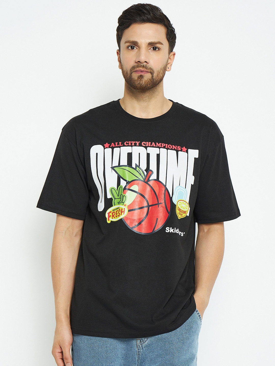 Skidlers Typography Printed Drop-Shoulder Pure Cotton Oversized Summer T-shirt
