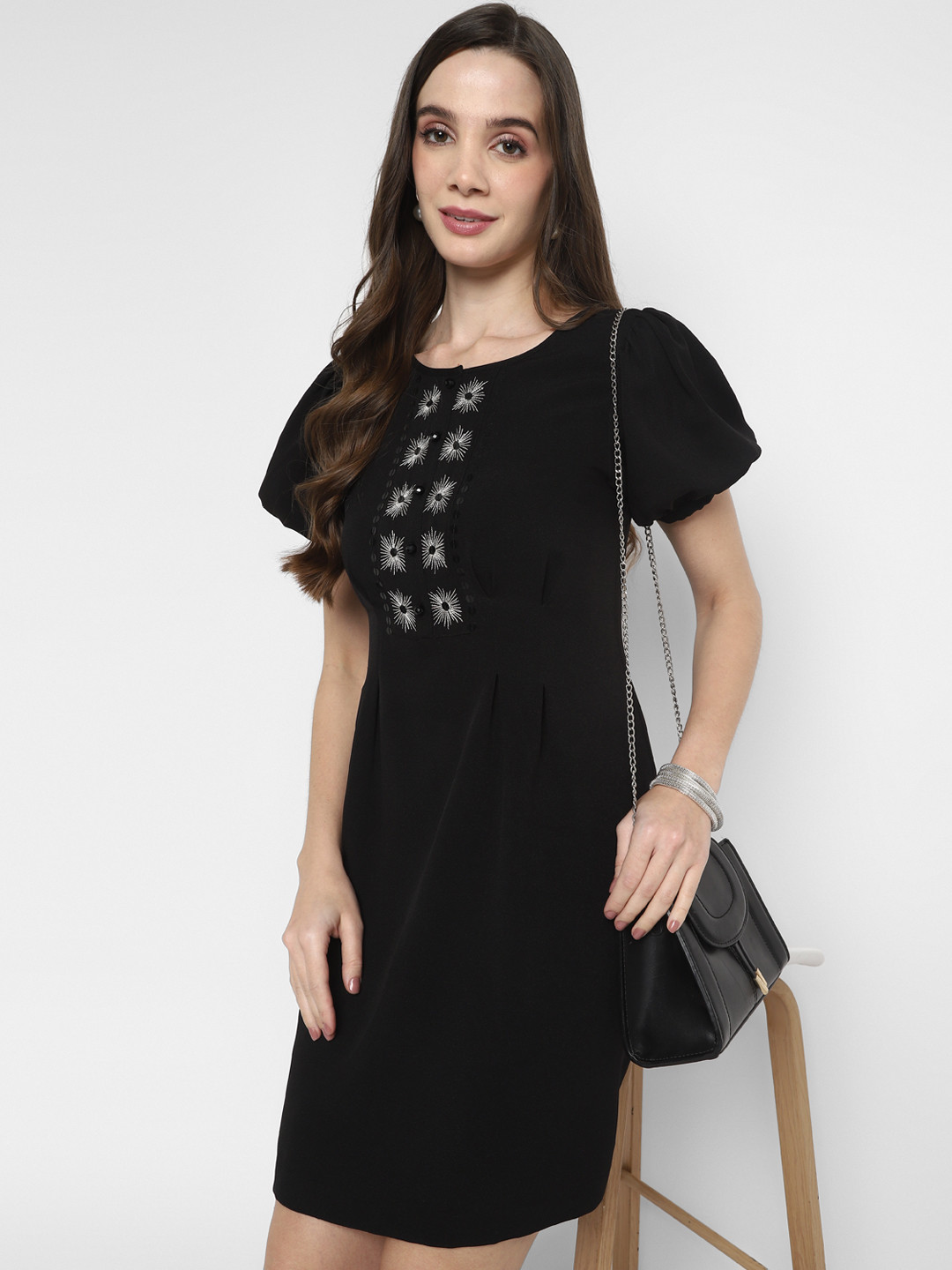 Taurus Embroidered Round Neck Puff Sleeves A-Line Dress