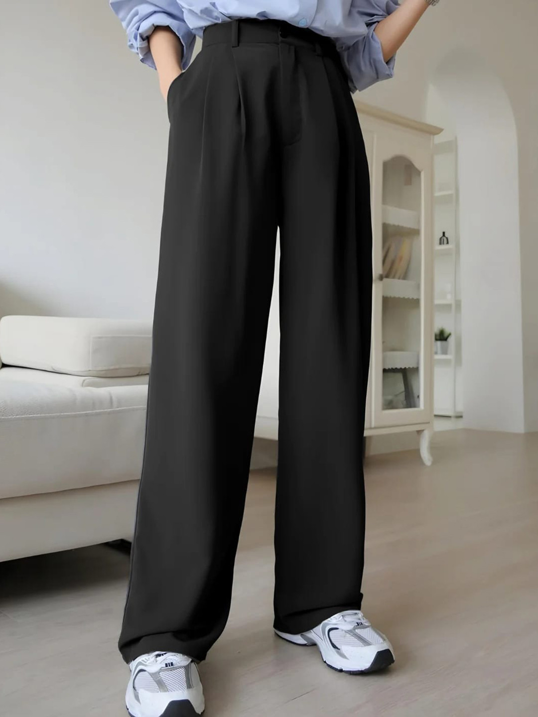 Next One Pleated Smart Straight Fit High-Rise Cotton Regular Trousers