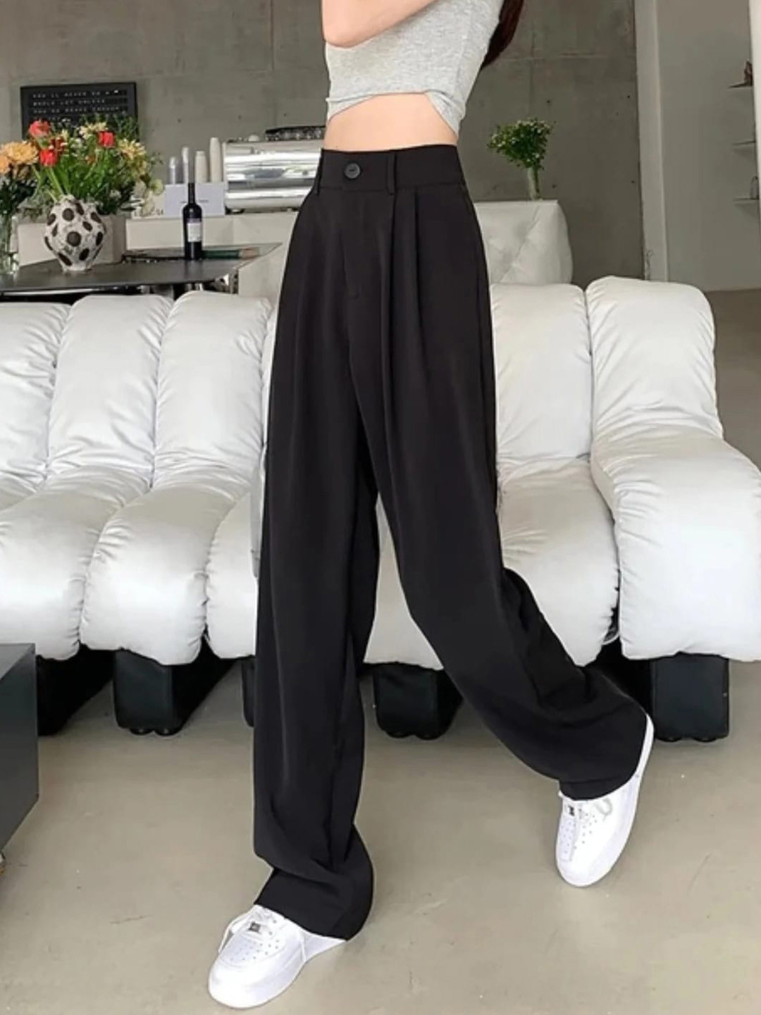 Next One Women Smart Straight Fit Easy Wash Pleated Front Stretchable Parallel Trouser