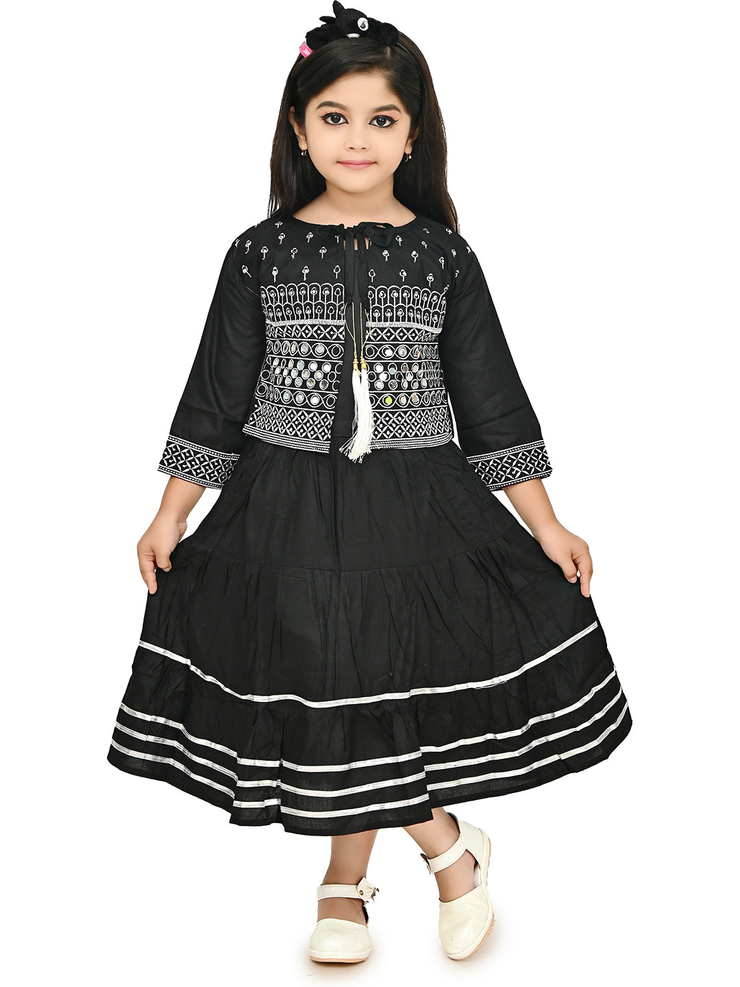 BAESD Girls Abstract Printed Round Neck Embroidered Fit & Flare Formal Dress
