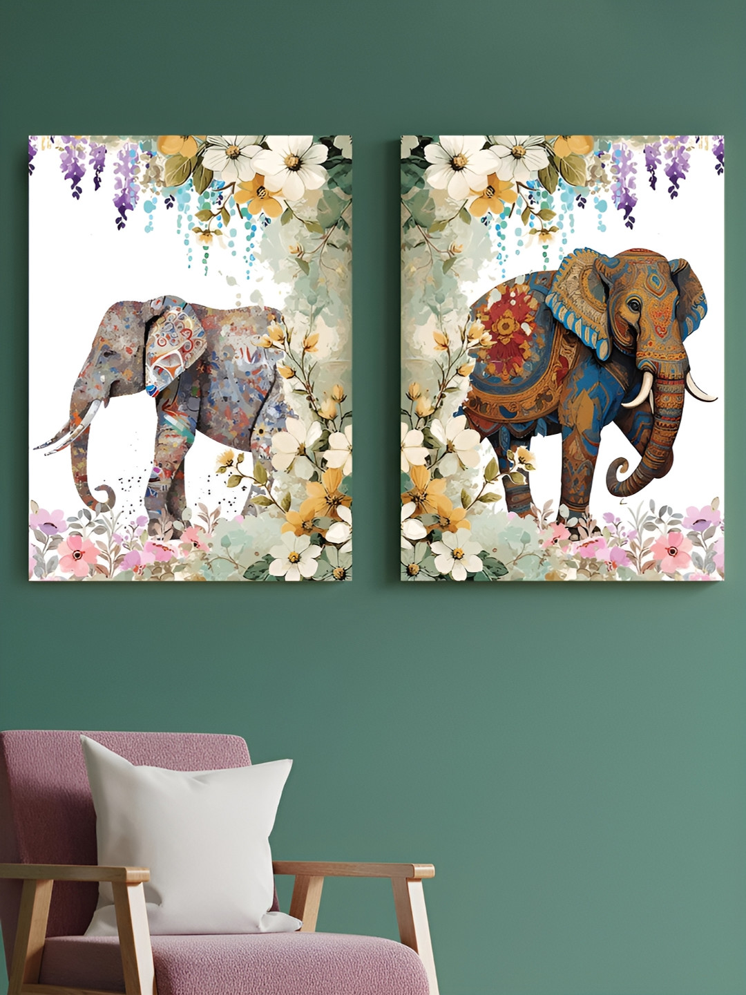 Art Street Elephant Synthetic Wood 2 Pcs Living Room Paintings Wall Art -16 x 22In
