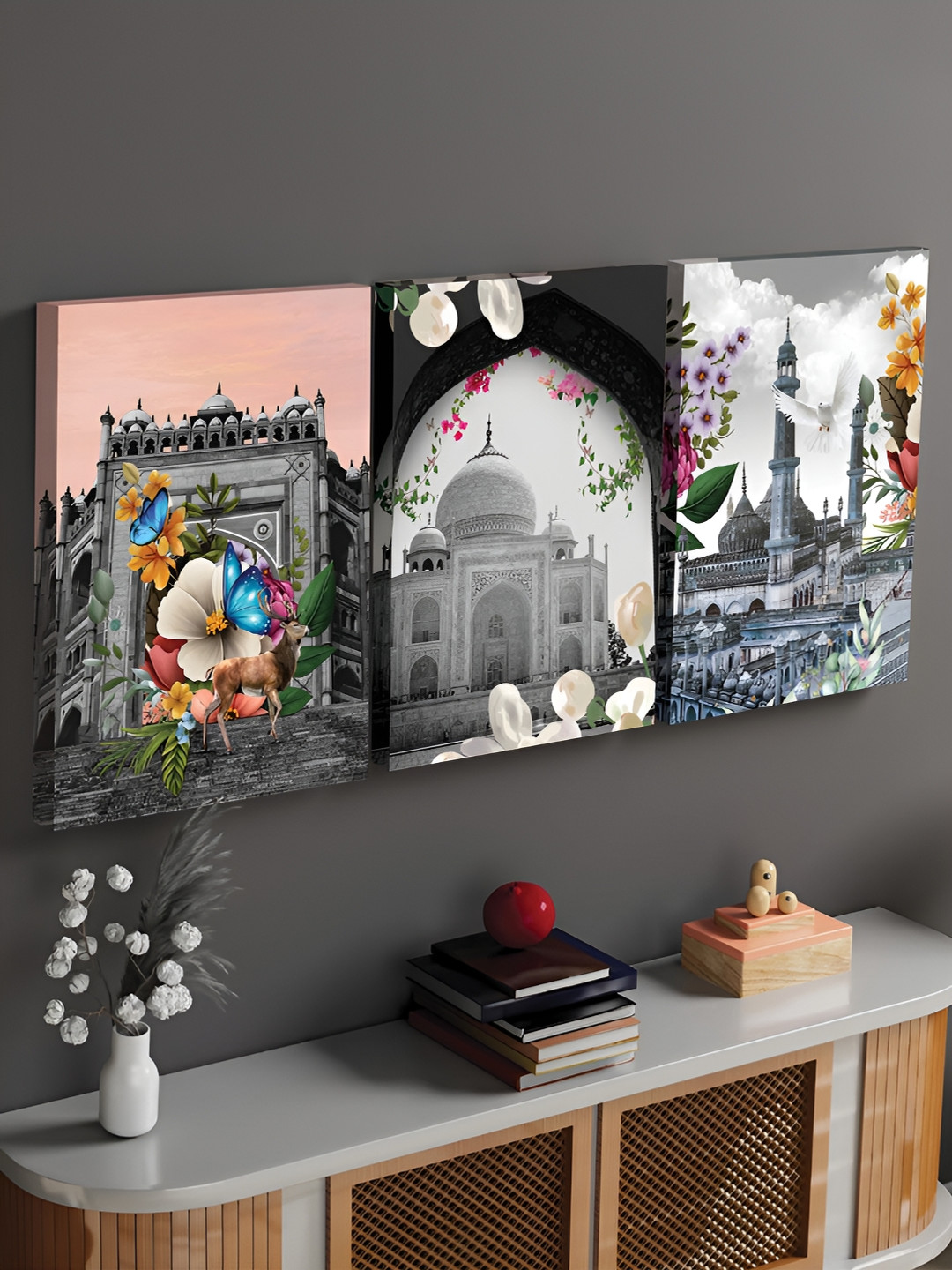 Art Street Grey & Pink 3 Pieces Taj Mahal & Char Minar Wall Paintings