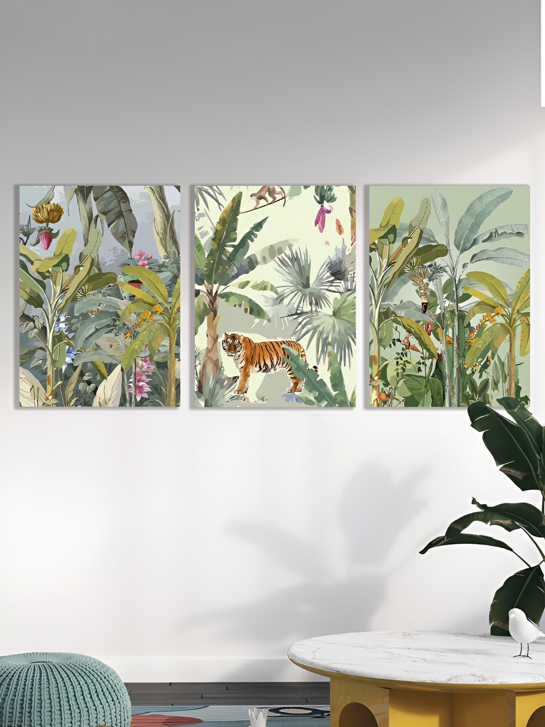 Art Street Bengal Tiger & Palm Tree Synthetic Wood 3 Pcs Paintings Wall Art - 22x16In