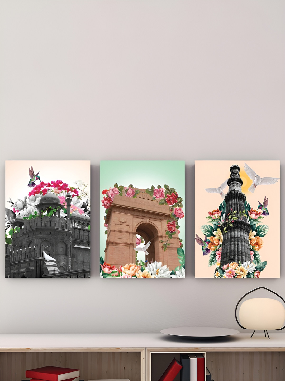 Art Street Beige & Grey 3 Pieces Qutub Minar & India Gate Wall Paintings