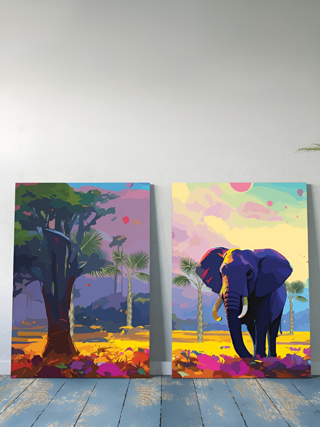 Art Street Sunset With Elephant Synthetic Wood Rectangle Paintings Wall Art - 16 x 22 In