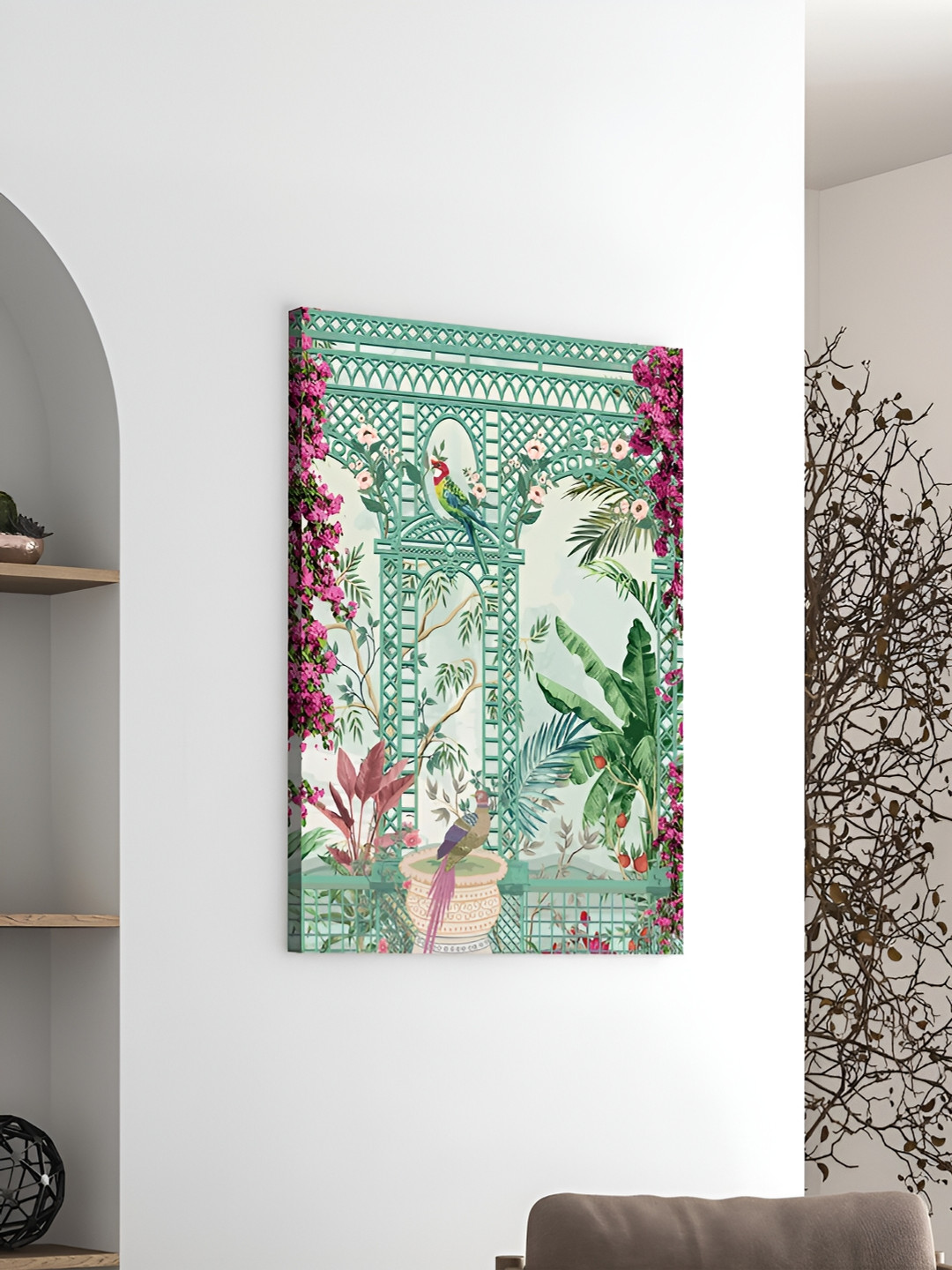 Art Street Green & Pink Mughal garden With Peacock Wall Paintings