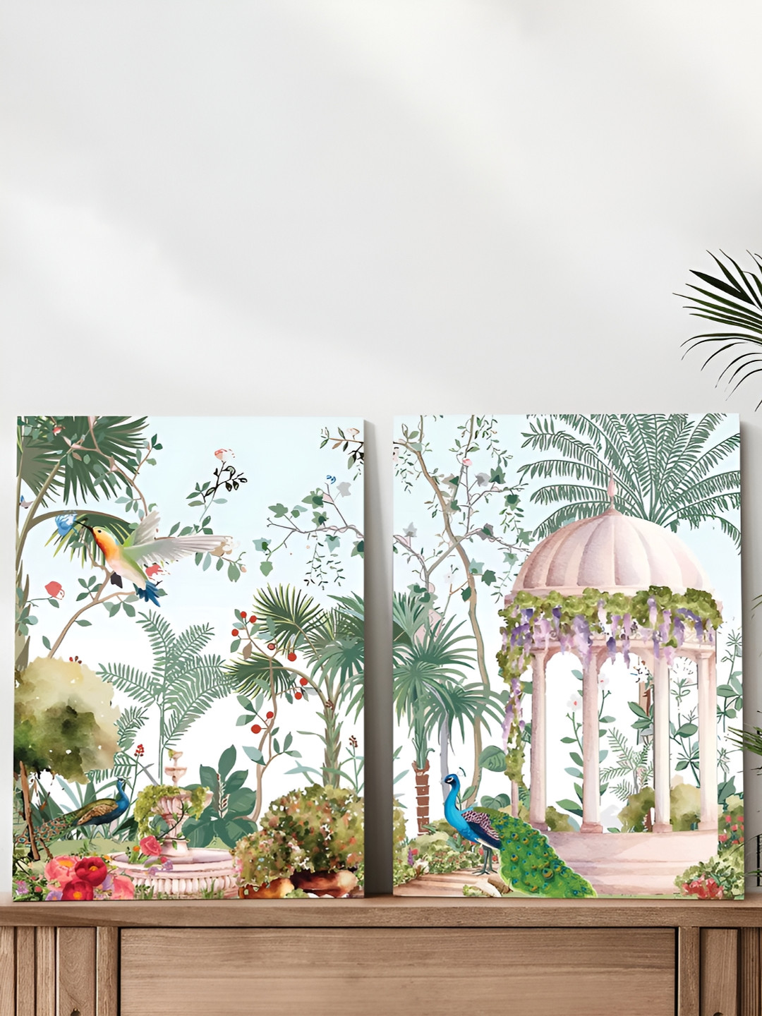Art Street Green & White 2 Pieces Mughal garden with Peacock Wall Paintings