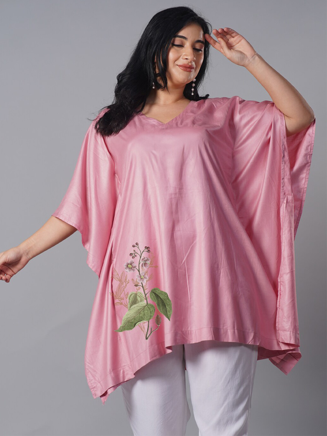 LetsDressUp Plus Size Floral Printed V-Neck Kaftan Kurti