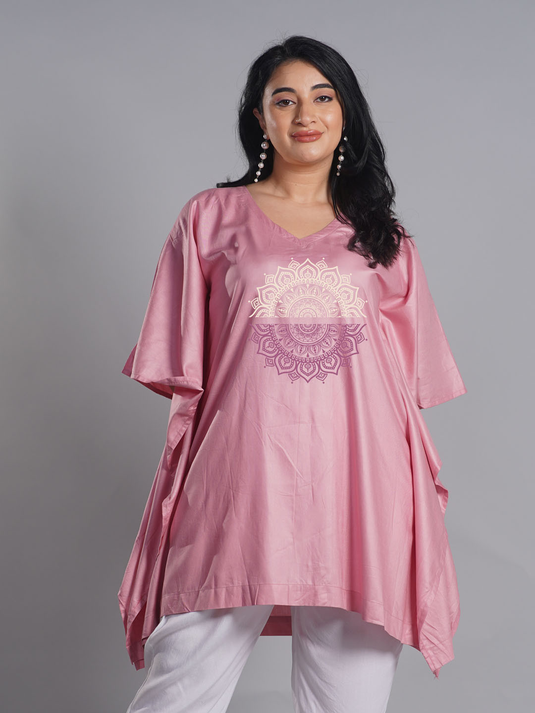 LetsDressUp Ethnic Motifs Printed V-Neck Extended Sleeves Kaftan Plus Size Kurti