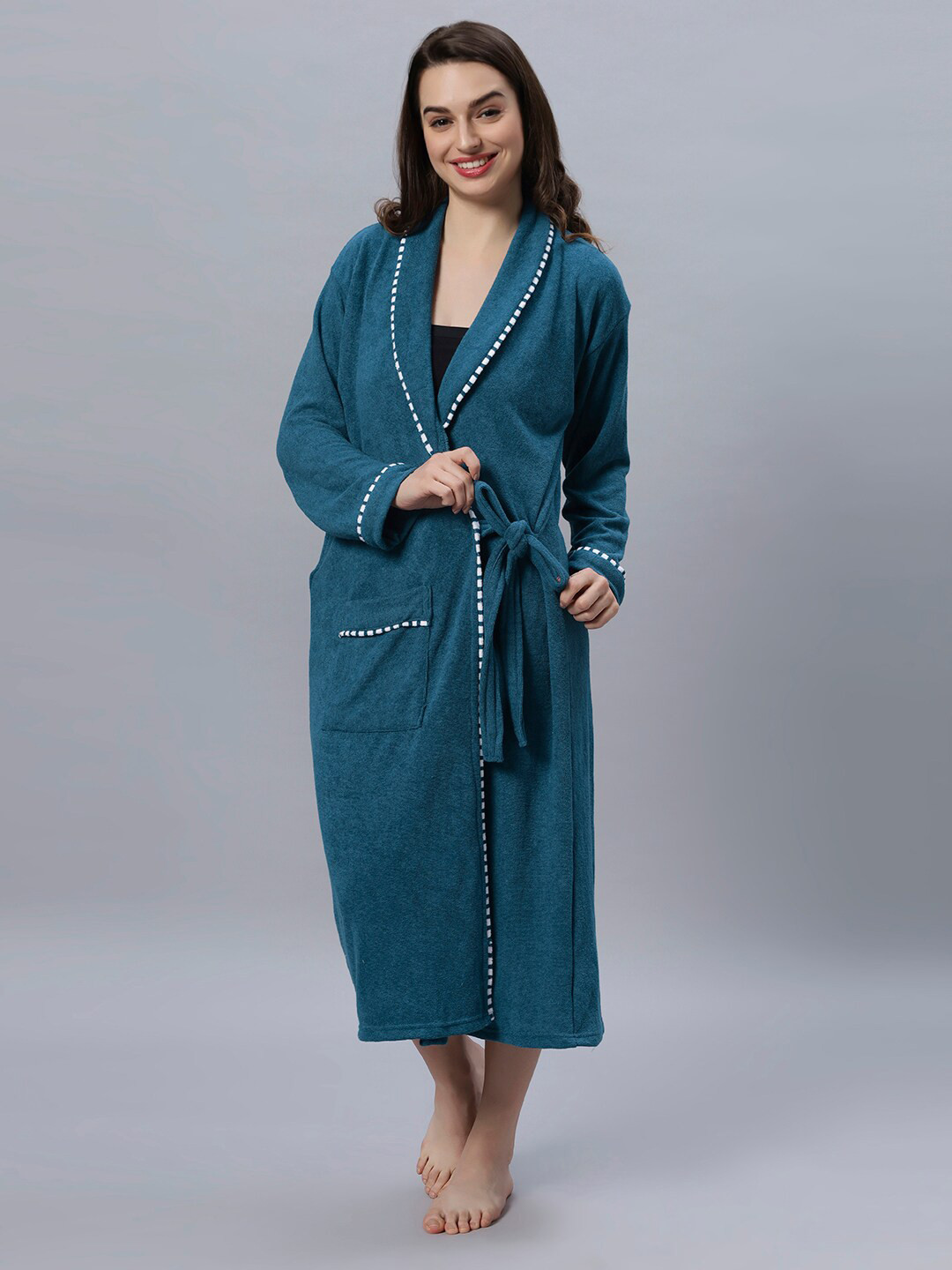 LacyLook Peacock Teal Solid Cotton Drawstring Midi Bath Robe-M