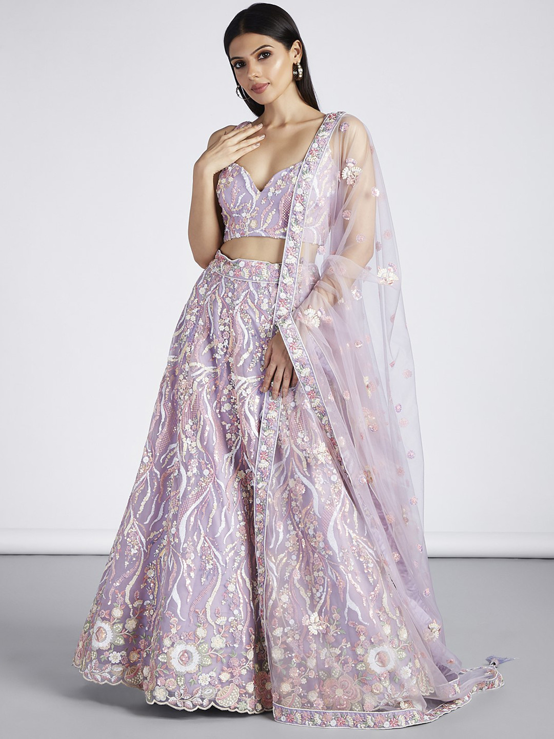 panchhi Embroidered Sequinned Net Semi-Stitched Lehenga & Unstitched Blouse With Dupatta