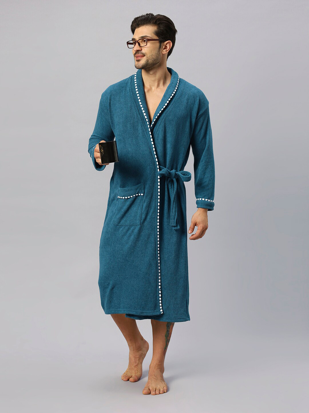 HotGown Double Teal Solid Cotton Drawstring Midi Bath Robe-M