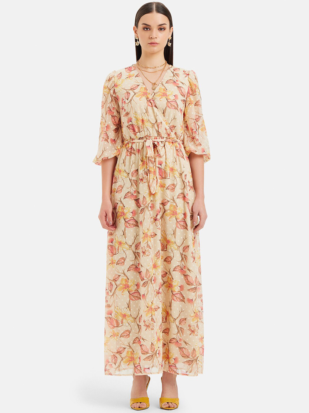 Kazo Yellow Floral Printed Wrap Maxi Dress