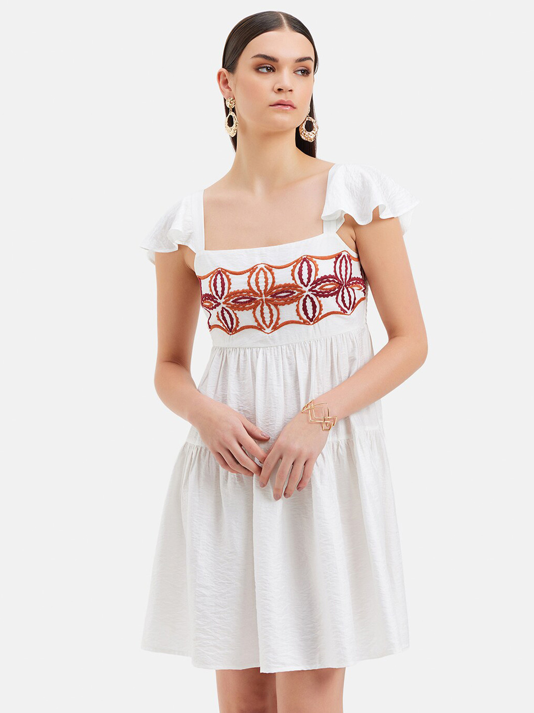 Kazo White Geometric Embroidered Square Neck Flutter Sleeve Smocked Fit & Flare Mini Dress