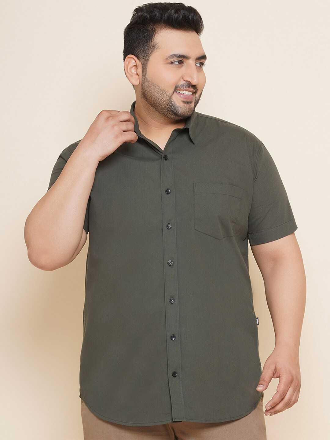 John Pride Plus Size Men Regular Fit Short Sleeves Solid Olive Casual Shirt