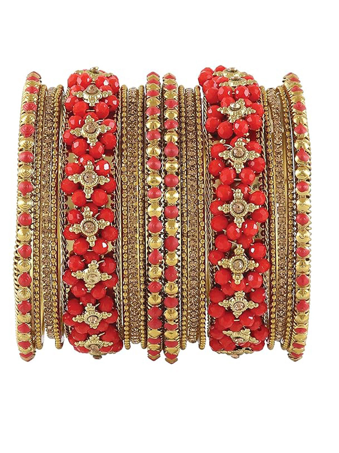 NMII Set Of 18 Cubic Zirconia Studded And Flower Pattern With Ball Chain Linked Bangles