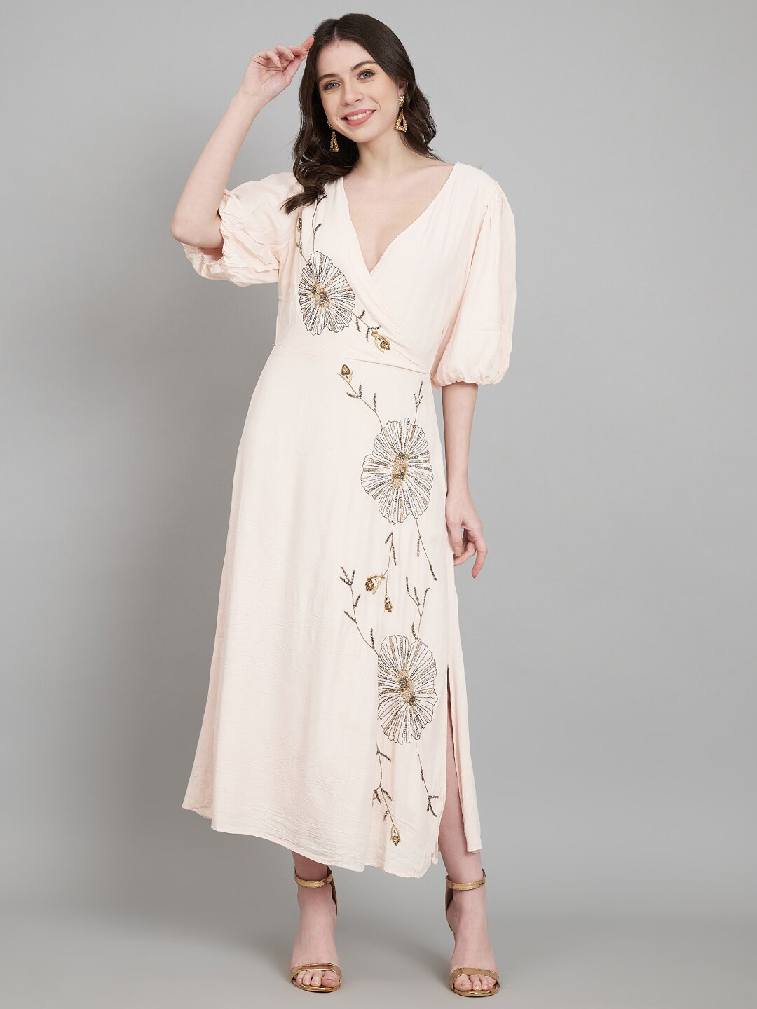 Amagyaa Floral Printed V-Neck Puff Sleeve Viscose Rayon Maxi Dress