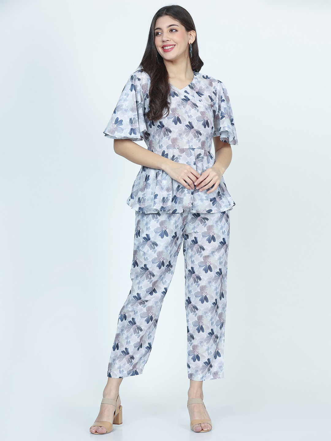 Chanting Blue Muslin Bell sleeve Angrakha Top & Trousers