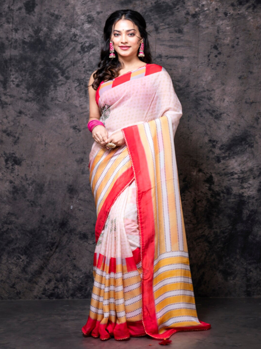Morchari Striped Floral Printed Organza Saree