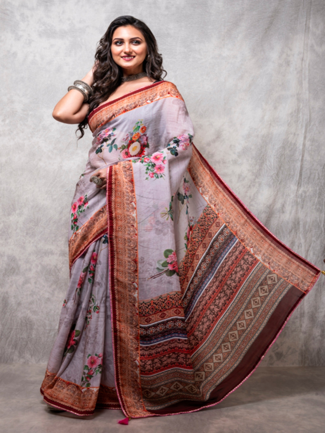 Morchari Floral Printed Gotta Patti Organza Saree