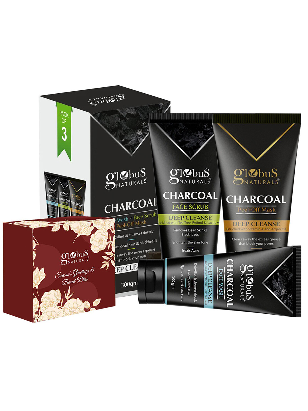Globus naturals Charcoal 3-Pcs Face Wash-Peel Off Mask & Face Scrub - 100g Each