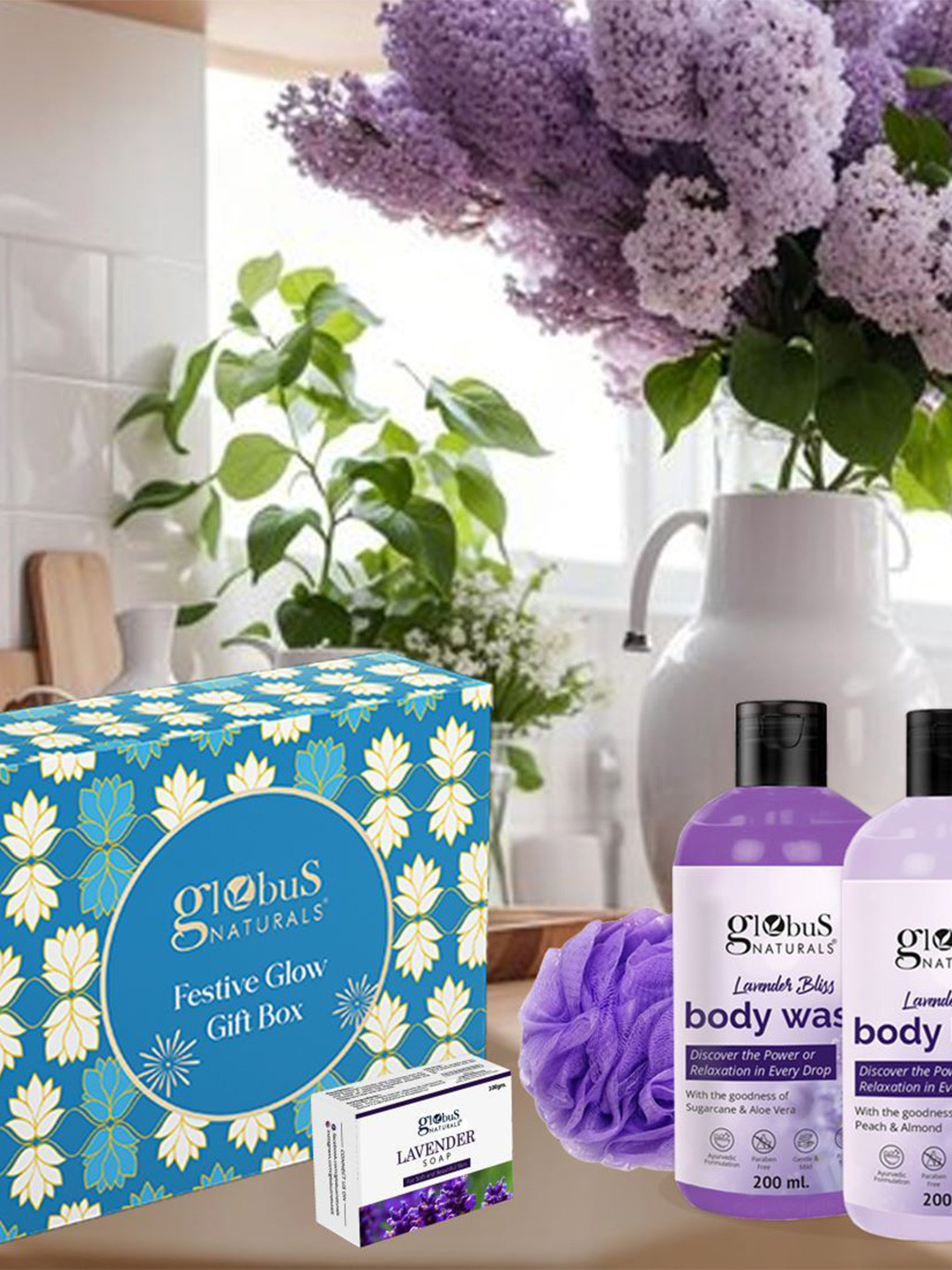 Globus naturals Lavender Bliss Set Of 4 Body Lotion-Soap Bar-Body Wash With Loofa