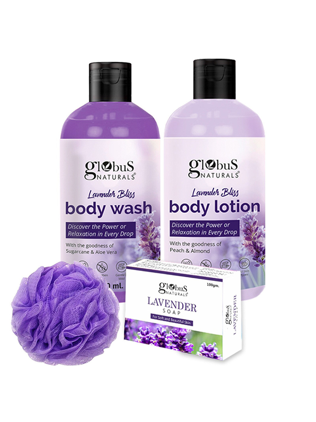 Globus naturals Lavender Bliss Set Of 4 Body Lotion-Soap Bar-Body Wash With Loofa