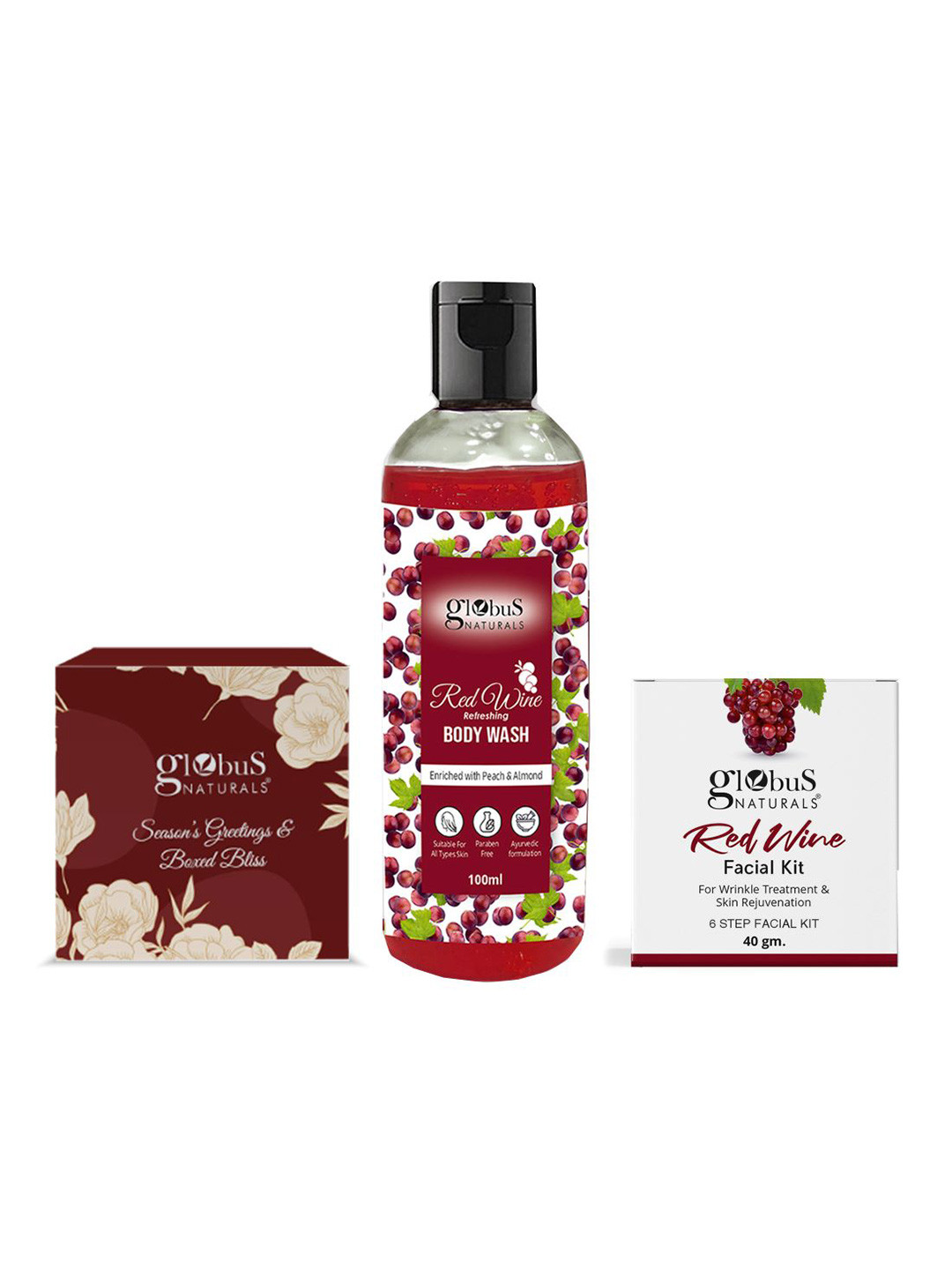 Globus naturals 3-Pcs Red Wine Body Wash-Facial Kit With Chocolate Box