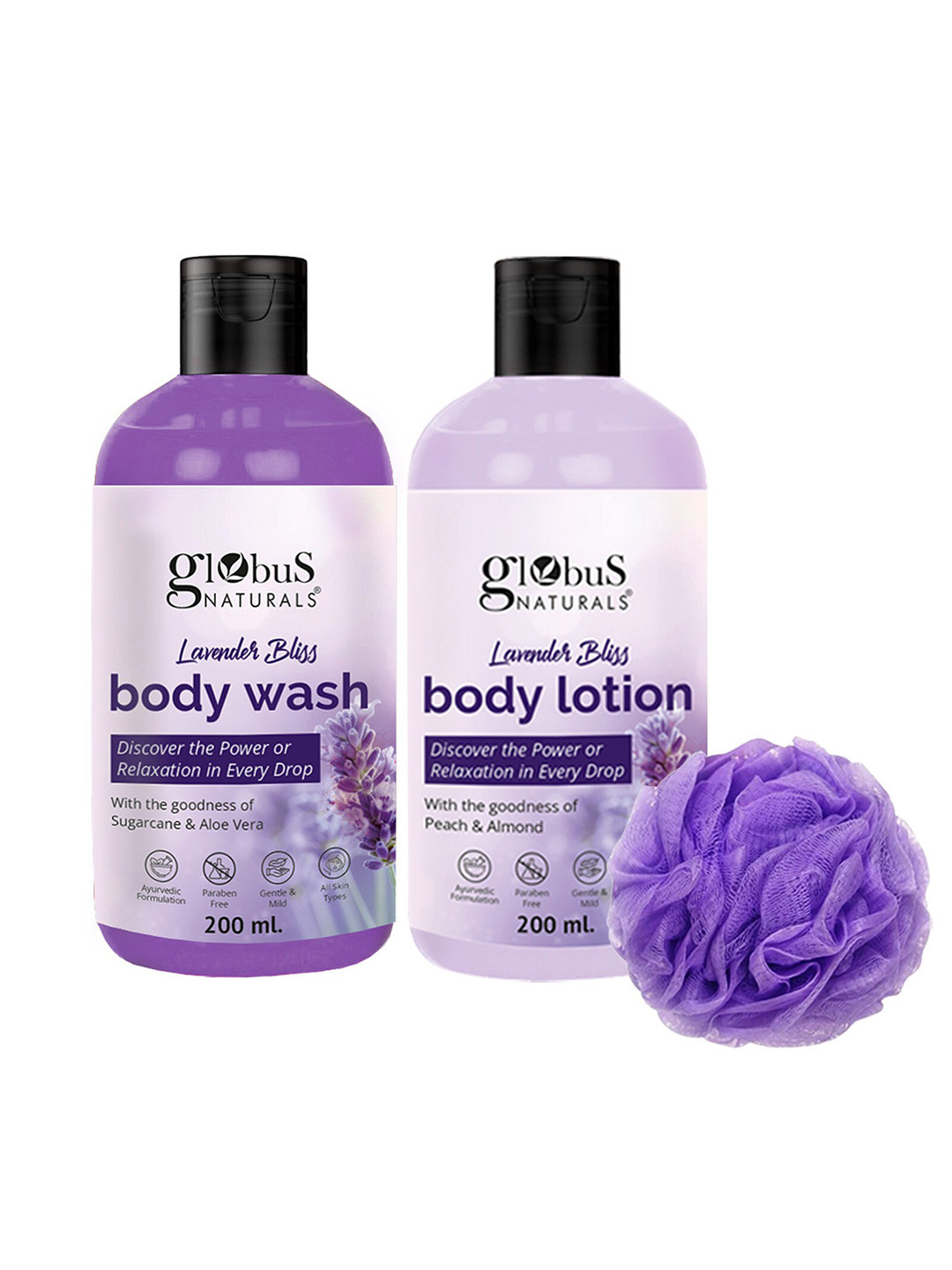 Globus naturals Lavender Body Wash & Body Lotion With Loofah - 200ml Each