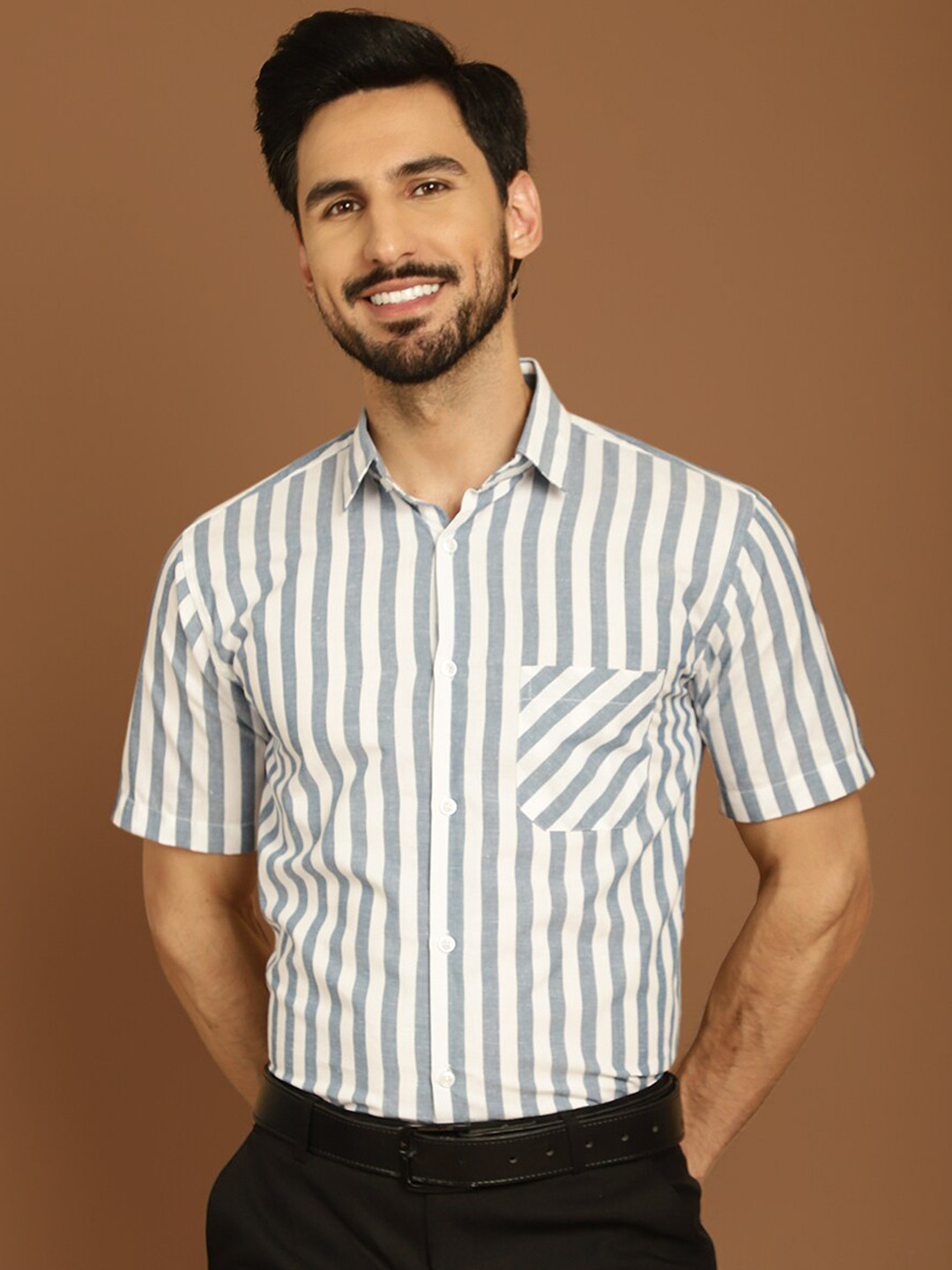 Indian Needle Classic Regular Fit Vertical Striped Half Sleeve Cotton Formal Shirt