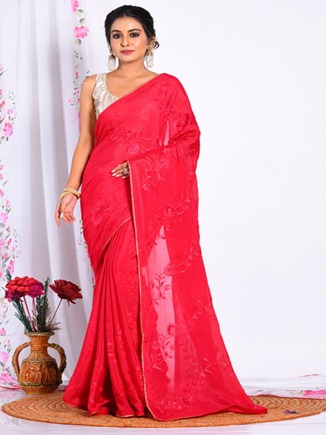 Morchari Red Floral Pure Chiffon Saree