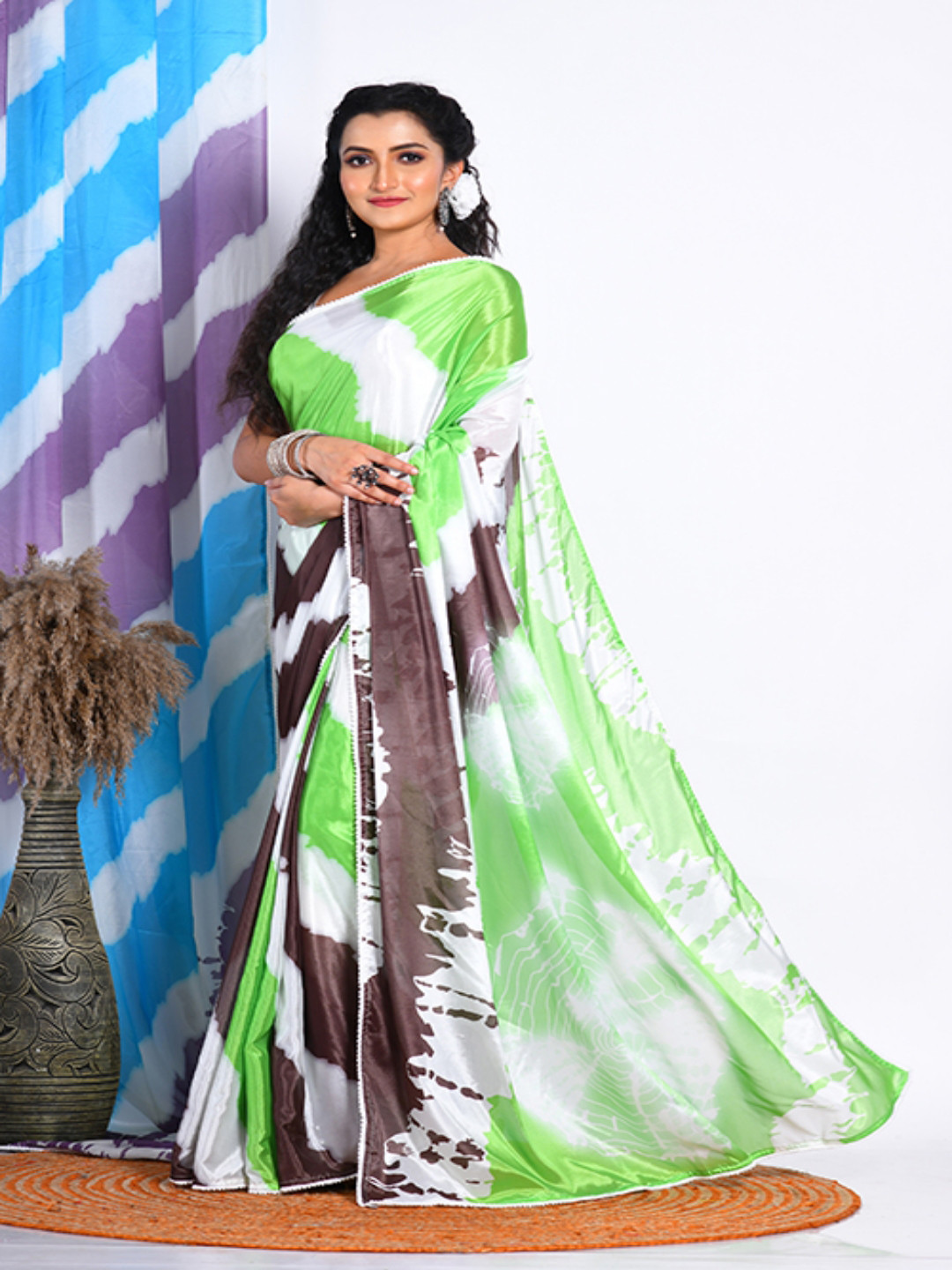 Morchari Green & Brown Tie and Dye Embroidered Saree