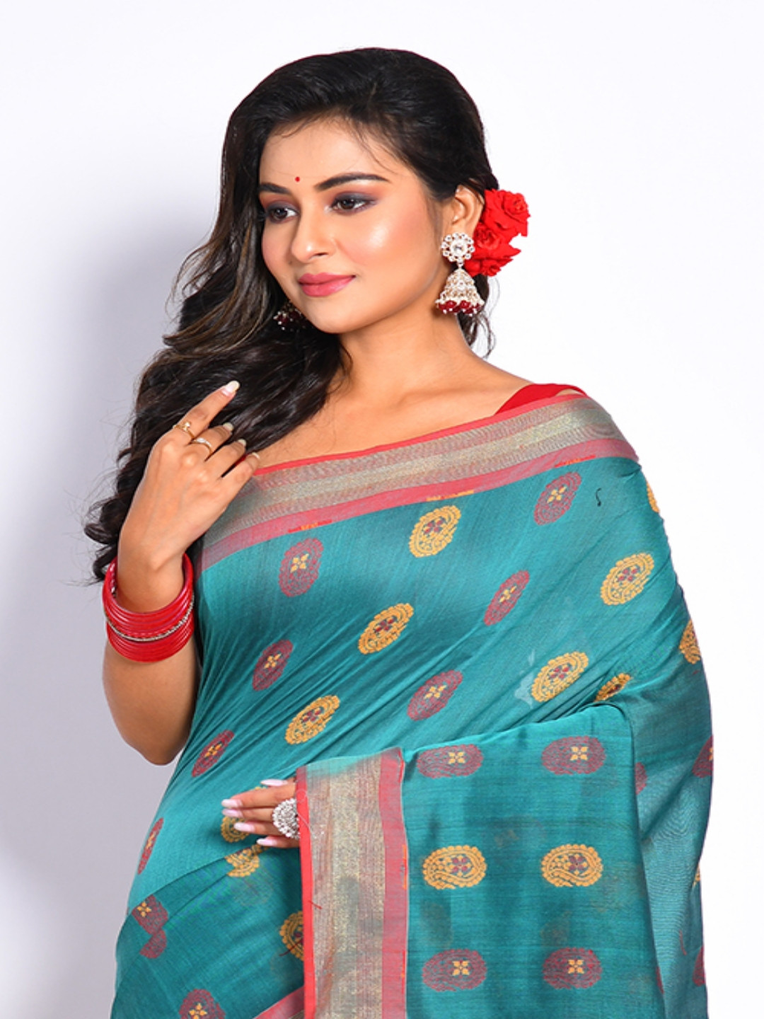 Morchari Green & Orange Woven Design Zari Pure Cotton Saree