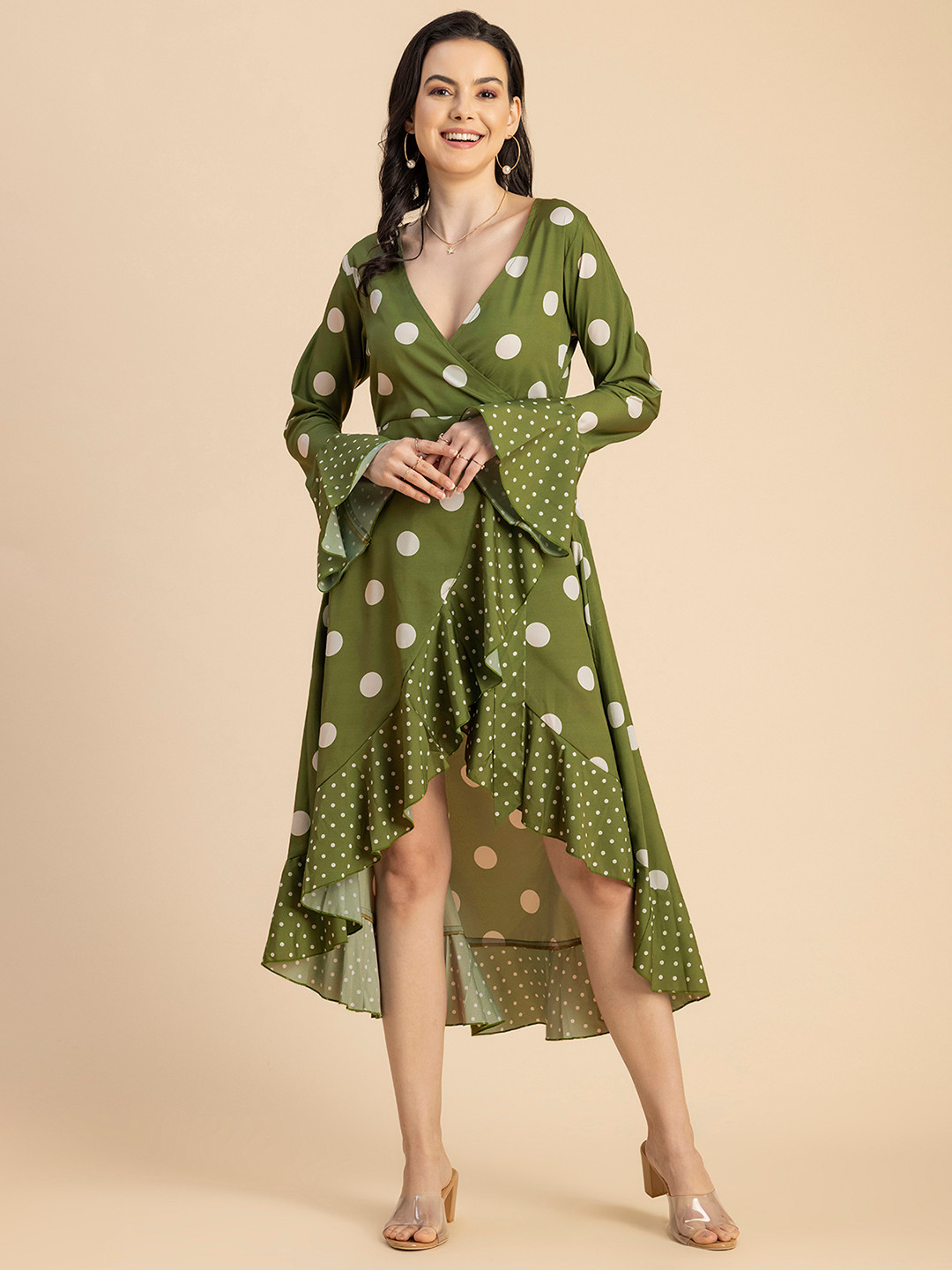 Moomaya Polka Dot Print Crepe Midi Wrap Dress