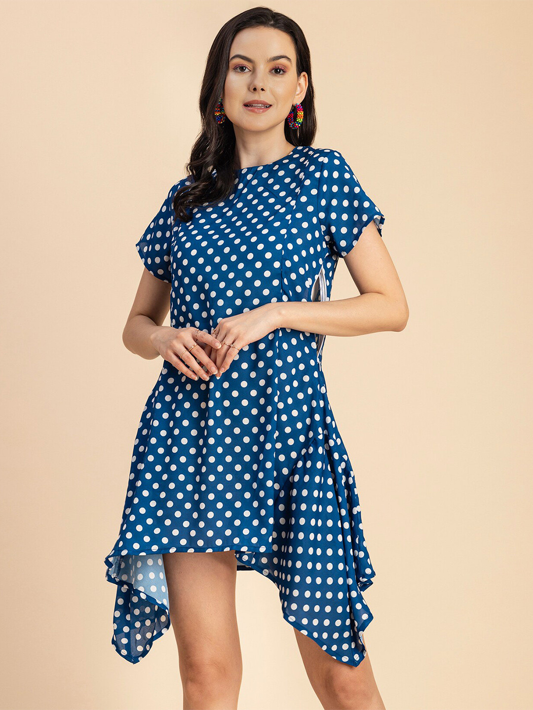 Moomaya Polka Dot Print Asymmetric A-Line Dress
