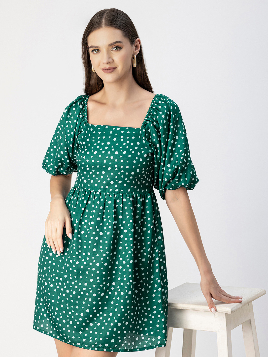 Moomaya Polka Dot Square Neck Printed A-Line Midi Dress