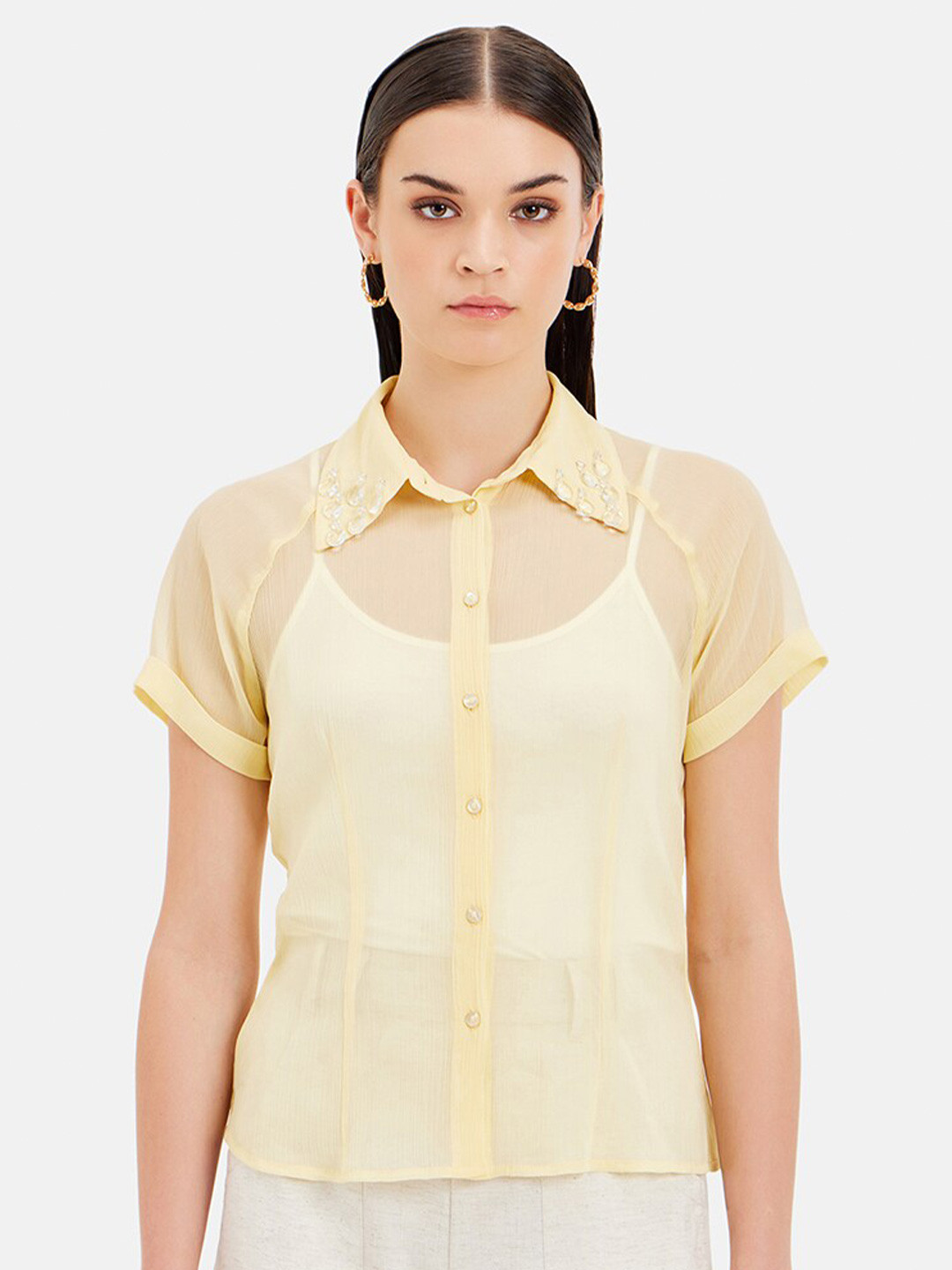 Kazo Spread Collar Short Extended Sleeves Sheer Standard Opaque Party Shirt