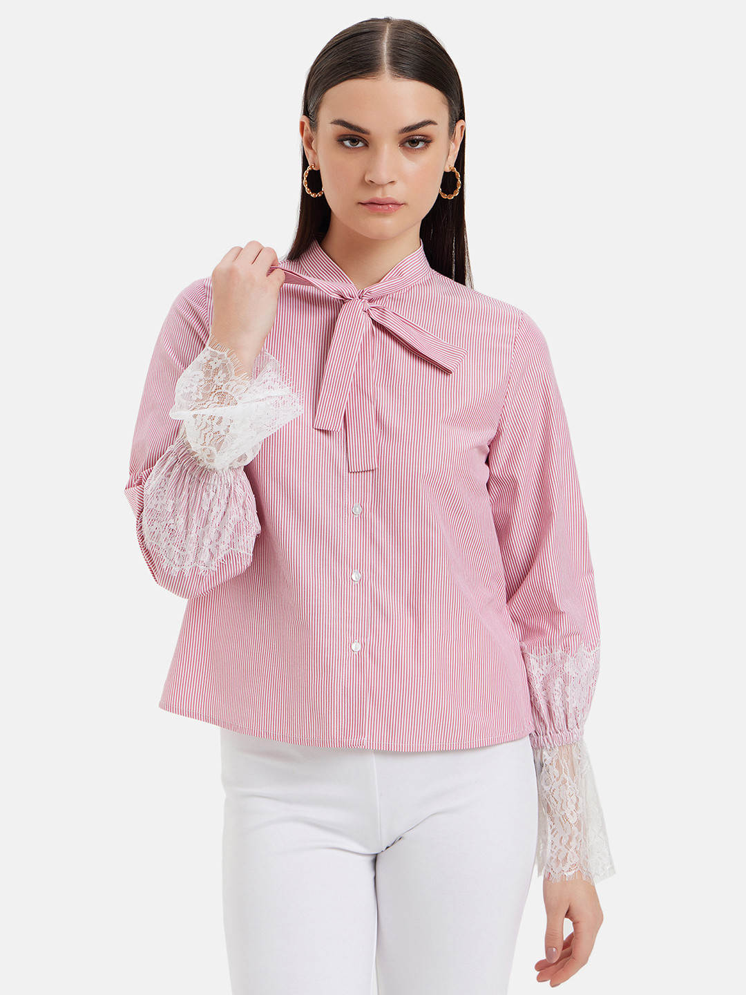 Kazo Standard Fit Tie Ups Lace Sleeves Striped Casual Shirt