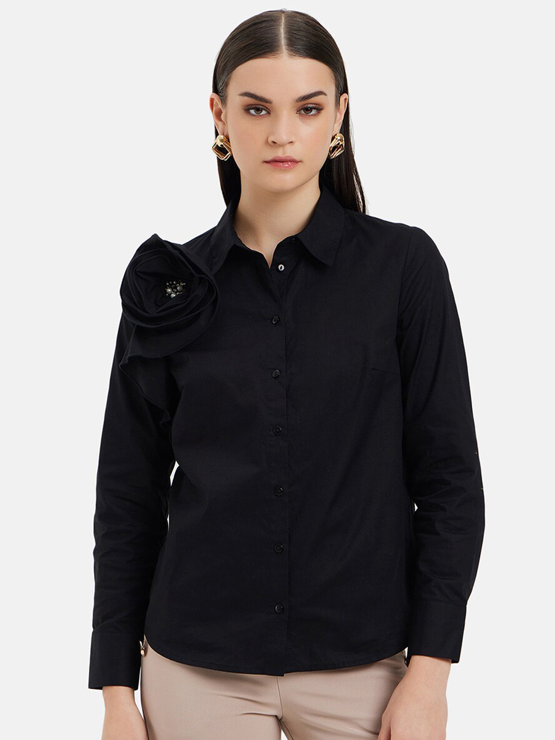 Kazo Women Spread Collar Long Sleeves Ruffled 3D Flower Standard Opaque Formal Shirt