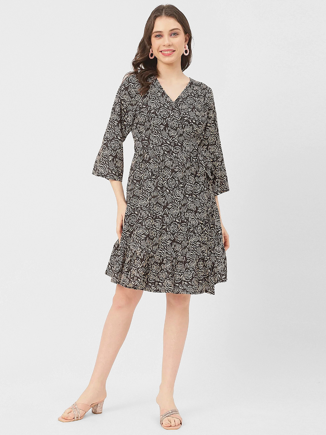 Moomaya Black Floral Printed Bell Sleeve Warp Dress