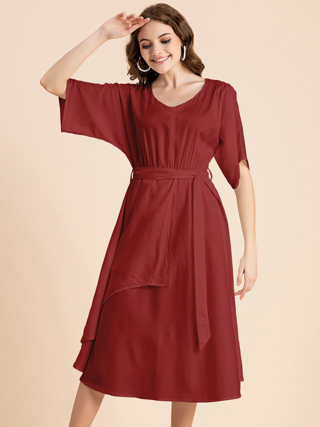 Moomaya Red A-Line Short Sleeves Midi Dress