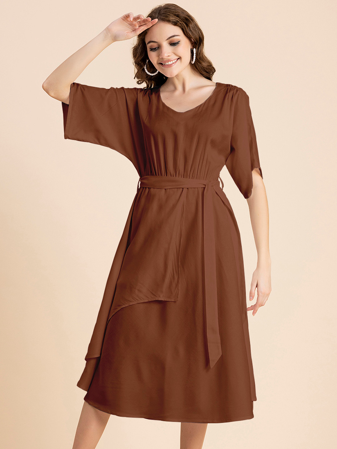 Moomaya Rust V Neck Extended Sleeves A-Line Midi Dress
