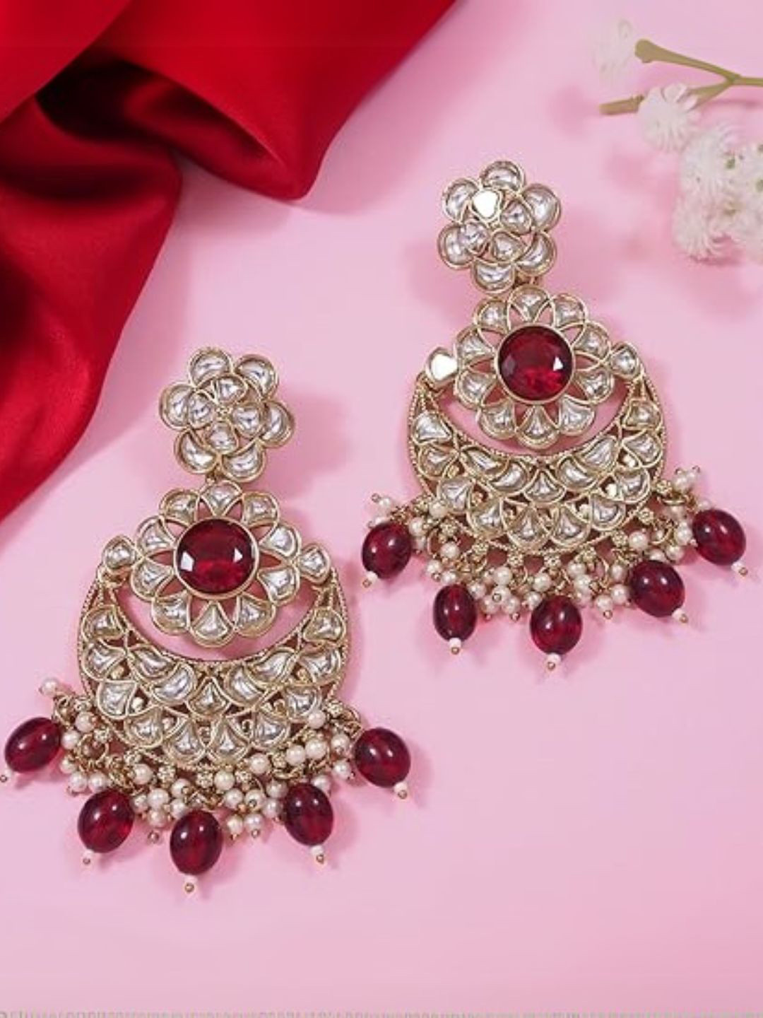 I Jewels Gold Plated Stone Studded & Beaded Classic Drop Earrings