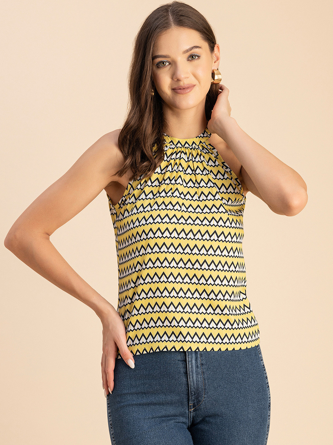 Moomaya Geometric Printed Halter Neck Top