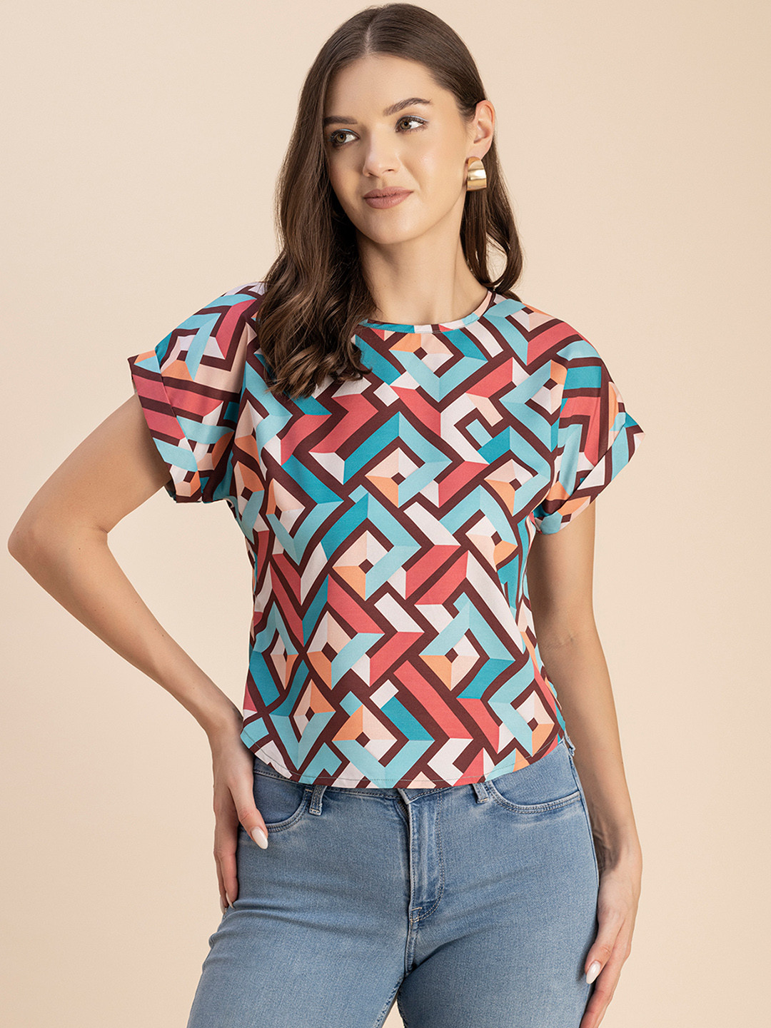 Moomaya Geometric Printed Round Neck Crepe Top