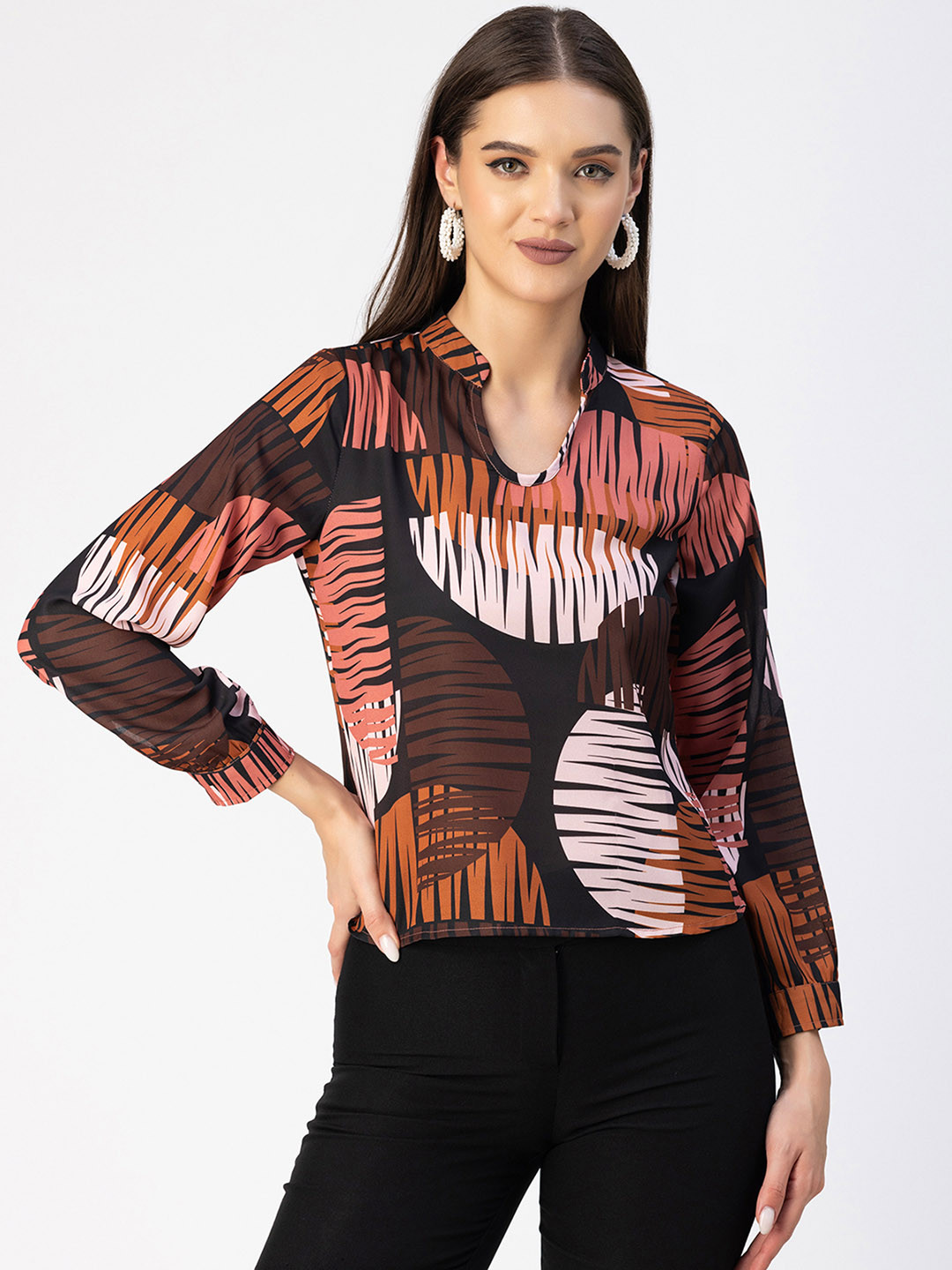 Moomaya Printed Long sleeves Band Collar Top