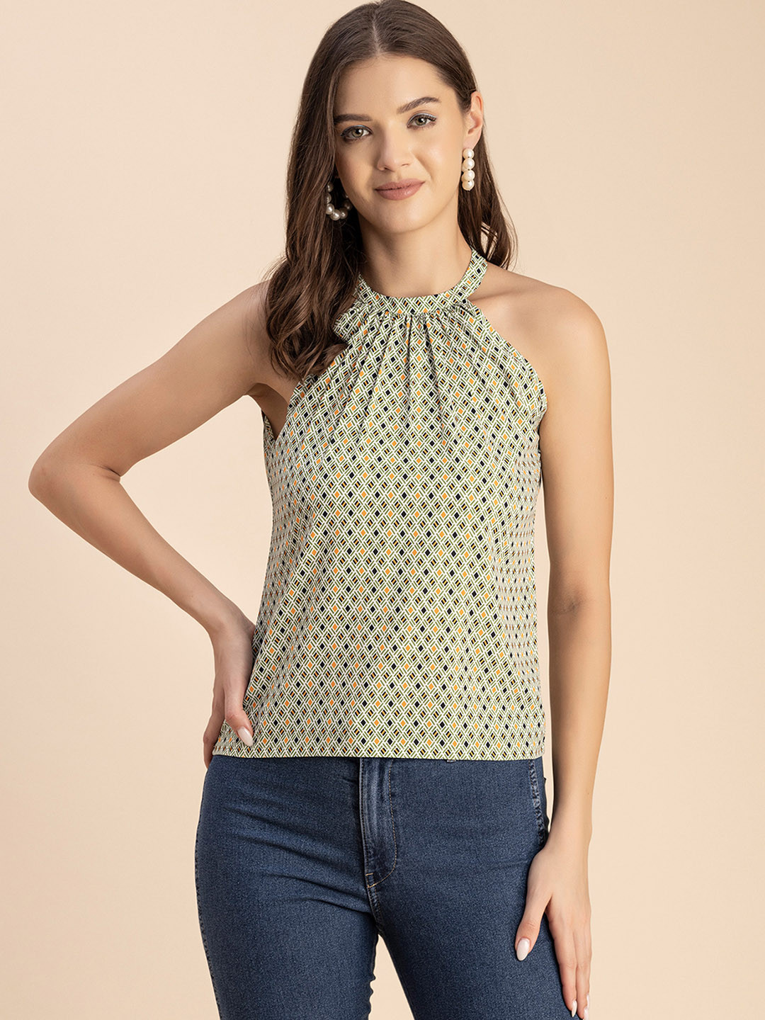 Moomaya Geometric Printed Halter Neck Top
