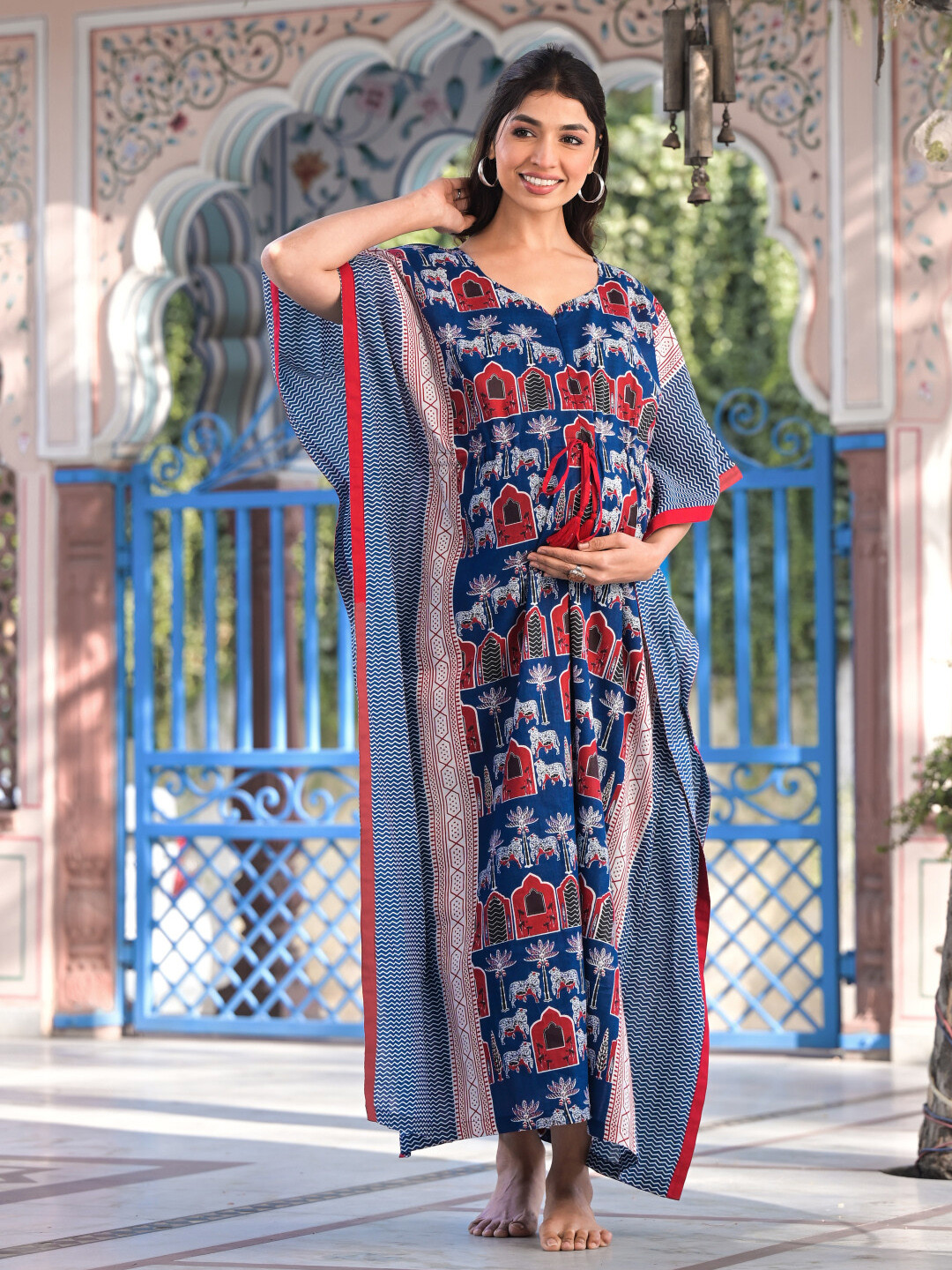 Aujjessa Ethnic Motifs Print V-Neck Kimono Sleeve Maternity Kaftan Maxi Dress